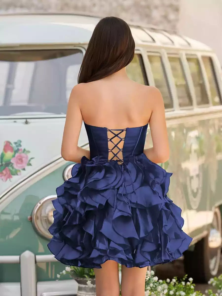 Charming A-line mini off shoulder neckline with sleeveless bow and ruffled lace up, Homecoming Dresses on the back
